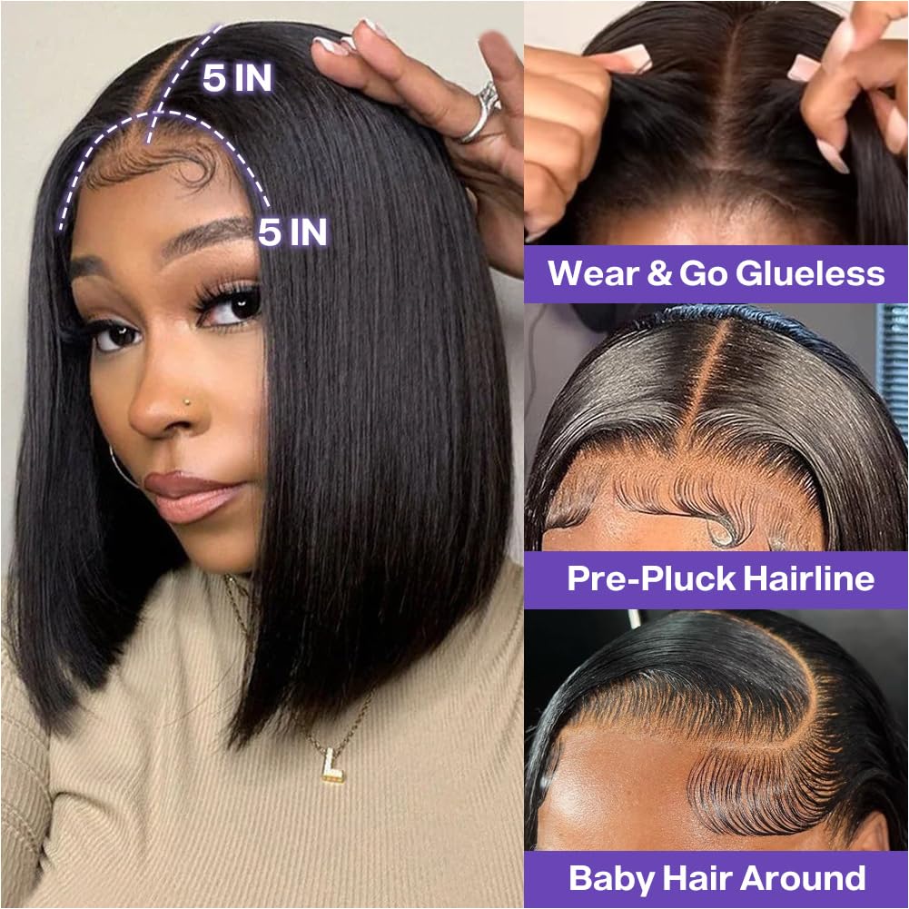 Ailwelia Wear and Go Glueless Wig Bob Wig Human Hair 200% Density 5x5 HD Lace Closure Wigs Human Hair Wigs For Black Women Human Hair Glueless Wigs 5x5 Closure Wigs Human Hair Pre Plucked Bob 14 Inch