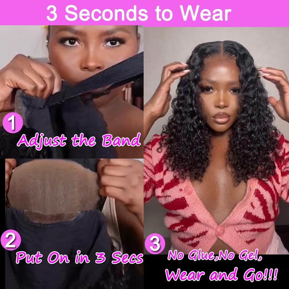 Wear and Go Glueless Wigs Human Hair Pre Plucked Pre Cut 4x4 Lace Front Wigs for Black Women Glueless Water Wave 180% Density Curly Bob Wig Human Hair 30 Seconds Install for Beginners(16 Inch)