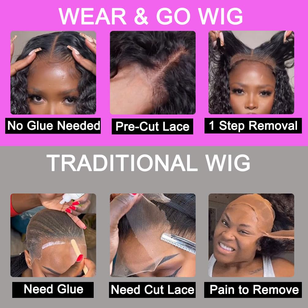 Wear and Go Glueless Wigs Human Hair Pre Plucked Pre Cut 4x4 Lace Front Wigs for Black Women Glueless Water Wave 180% Density Curly Bob Wig Human Hair 30 Seconds Install for Beginners(16 Inch)