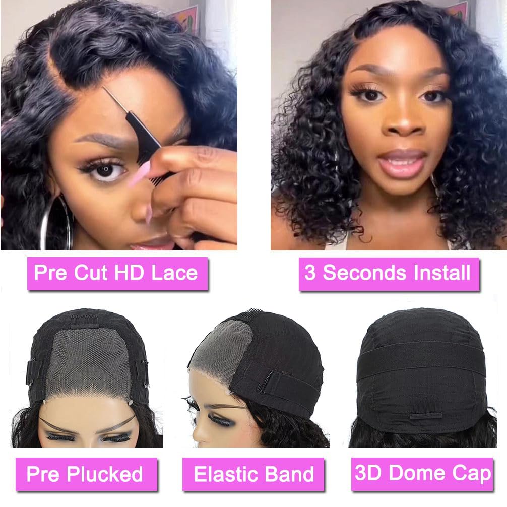 Wear and Go Glueless Wigs Human Hair Pre Plucked Pre Cut 4x4 Lace Front Wigs for Black Women Glueless Water Wave 180% Density Curly Bob Wig Human Hair 30 Seconds Install for Beginners(16 Inch)