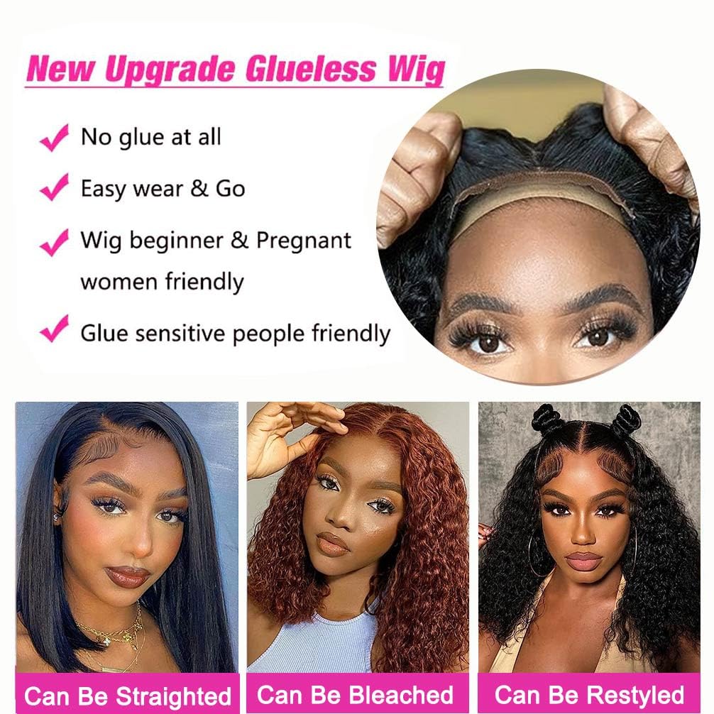 Wear and Go Glueless Wigs Human Hair Pre Plucked Pre Cut 4x4 Lace Front Wigs for Black Women Glueless Water Wave 180% Density Curly Bob Wig Human Hair 30 Seconds Install for Beginners(16 Inch)