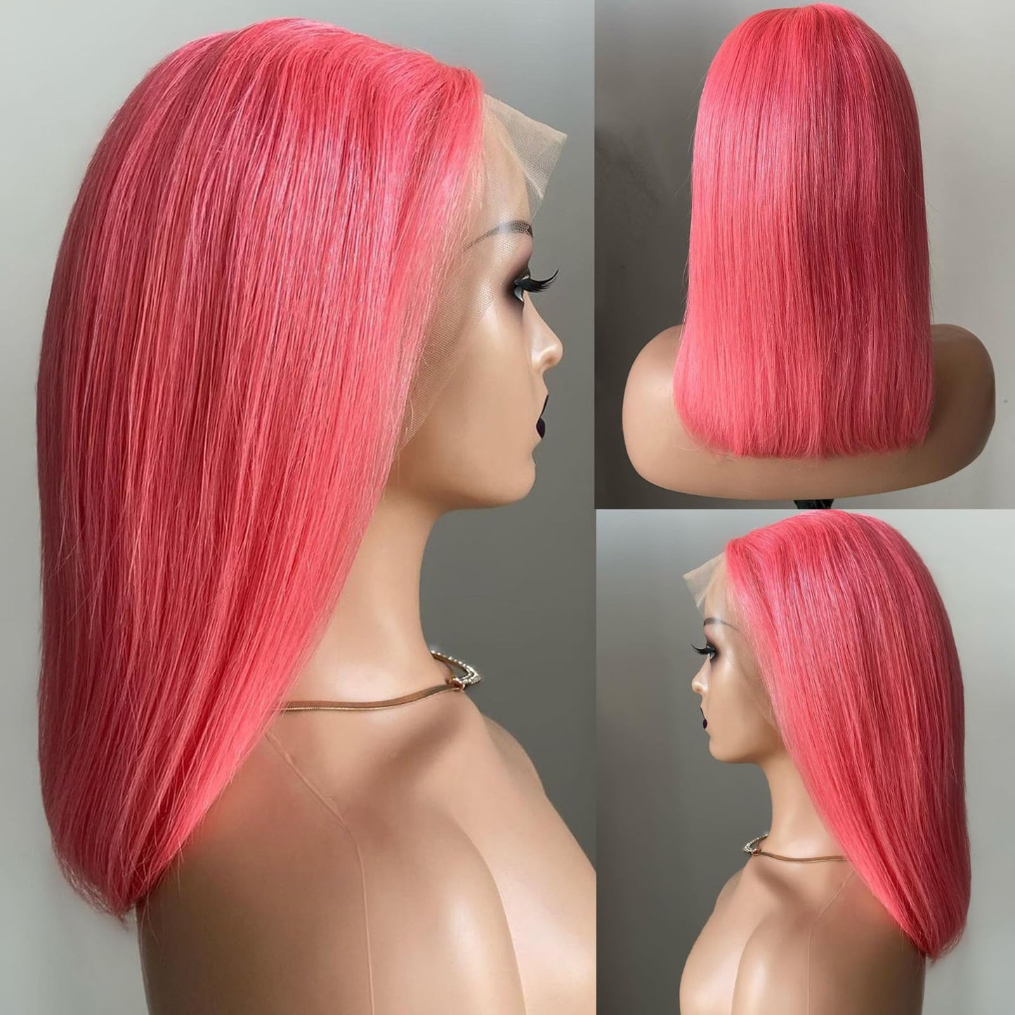 FJsuprise Pink Lace Front Bob Wigs Human Hair Pre Plucked 13x4 Straight Pink Bob Wigs Glueless HD Lace Frontal Bob Wigs for Black Women Wear and Go Bob Wigs with Baby Hair 180% Density 12 Inch