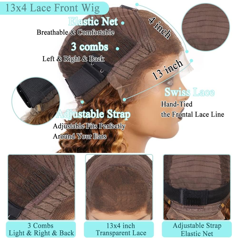 XZZ 20 Inch Ombre Highlight Lace Front Wigs Human Hair 4/27 Colored 150% Density Curly Honey Blonde Wig Colored Human Hair 13X4 HD Lace Frontal Wigs Pre Plucked Hairline with Baby Hair