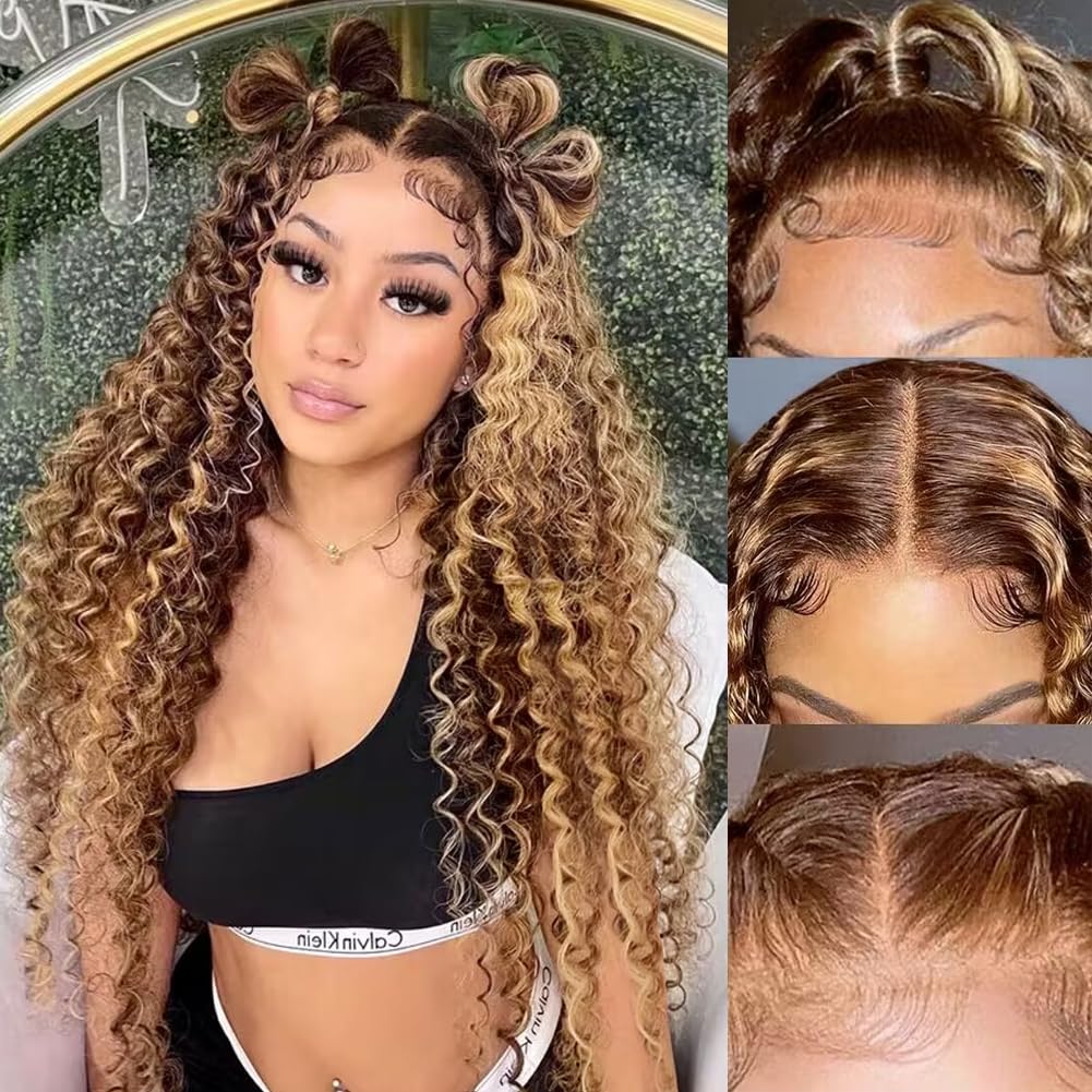 XZZ 20 Inch Ombre Highlight Lace Front Wigs Human Hair 4/27 Colored 150% Density Curly Honey Blonde Wig Colored Human Hair 13X4 HD Lace Frontal Wigs Pre Plucked Hairline with Baby Hair