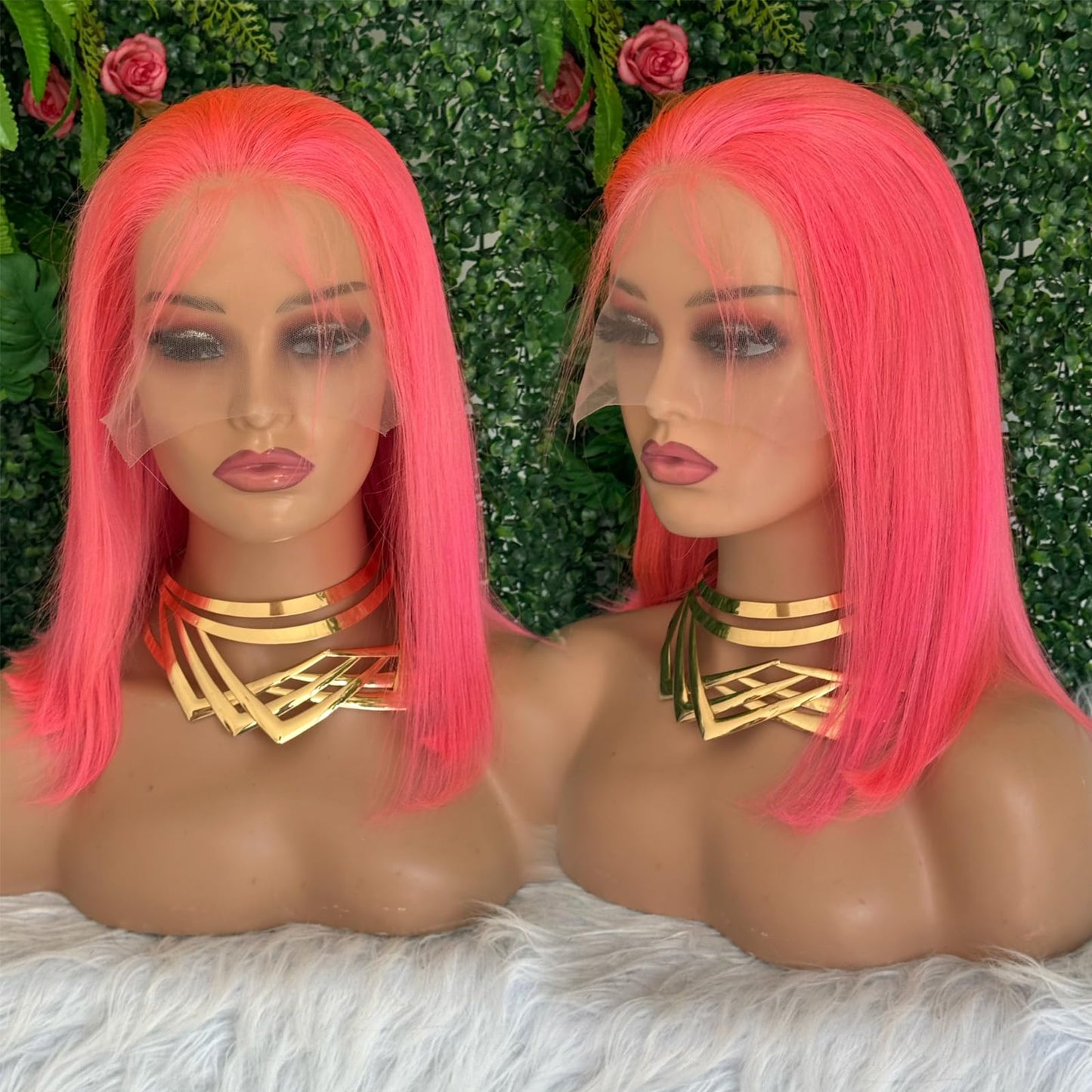 FJsuprise Pink Lace Front Bob Wigs Human Hair Pre Plucked 13x4 Straight Pink Bob Wigs Glueless HD Lace Frontal Bob Wigs for Black Women Wear and Go Bob Wigs with Baby Hair 180% Density 12 Inch