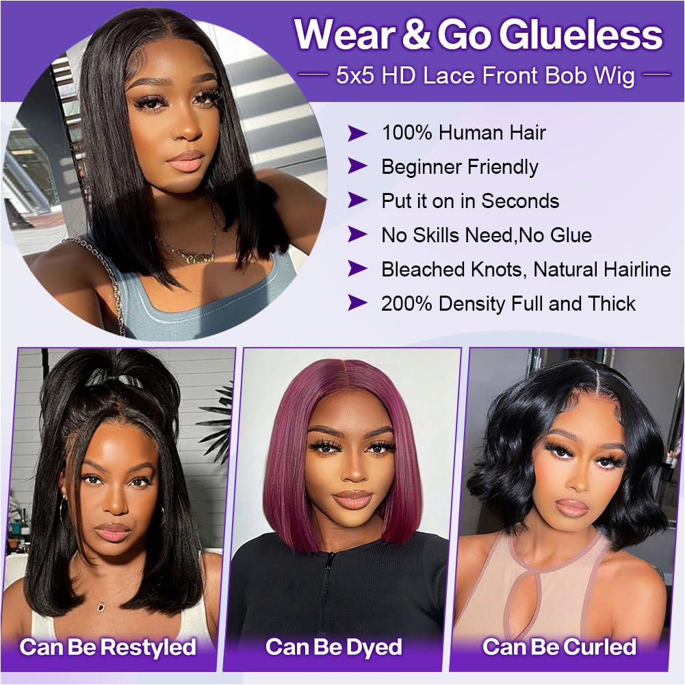 Ailwelia Wear and Go Glueless Wig Bob Wig Human Hair 200% Density 5x5 HD Lace Closure Wigs Human Hair Wigs For Black Women Human Hair Glueless Wigs 5x5 Closure Wigs Human Hair Pre Plucked Bob 14 Inch