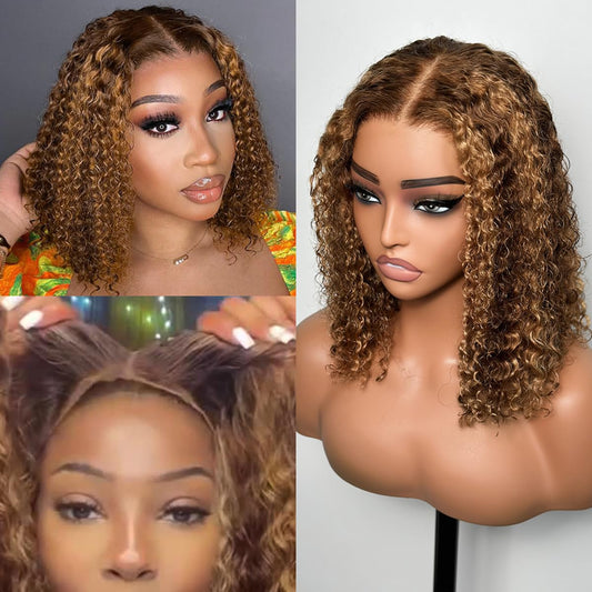 Inksoda Wear and Go Glueless Wigs Human Hair Pre Plucked Precut, P4/27 Highlight Ombre Honey Blonde Curly Bob, 200% Density 5x5 Lace Closure Glueless Wigs with Natural Hairline for Women(12 inch)