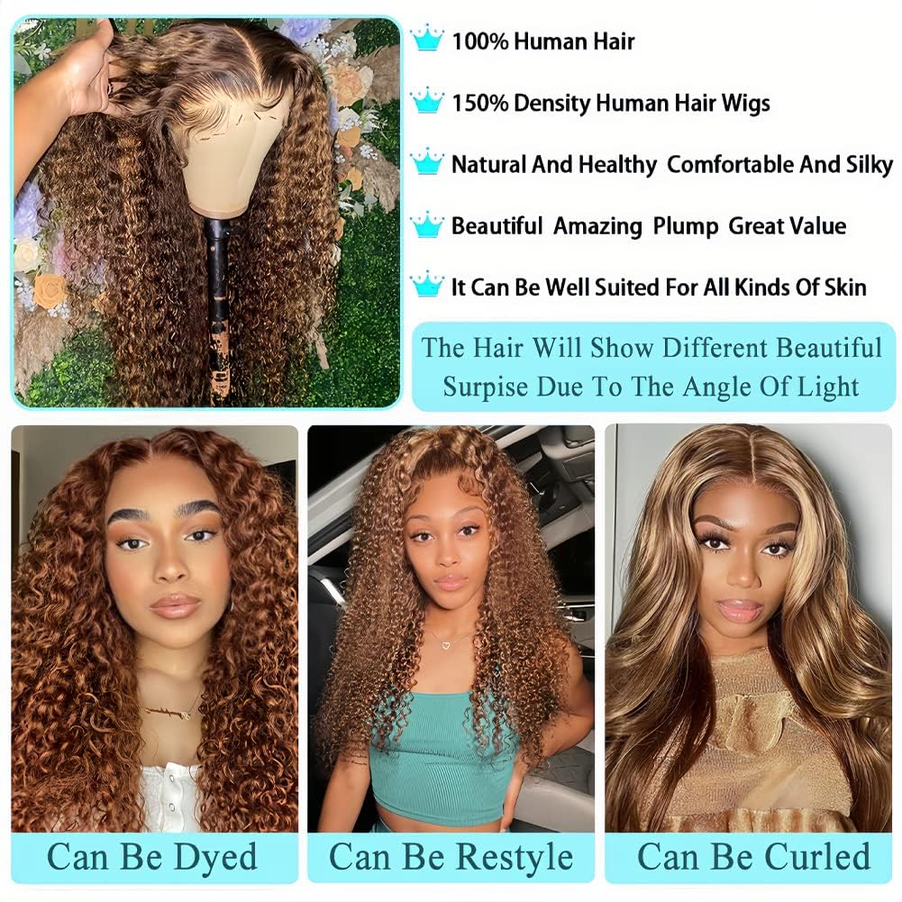 XZZ 20 Inch Ombre Highlight Lace Front Wigs Human Hair 4/27 Colored 150% Density Curly Honey Blonde Wig Colored Human Hair 13X4 HD Lace Frontal Wigs Pre Plucked Hairline with Baby Hair