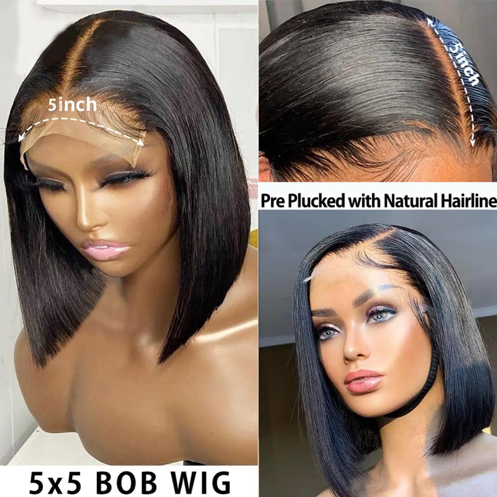 Karlami Hair Short Bob Wigs Human Hair 5X5 Lace Closure Wigs Brazilian Straight Bob Human Hair Wigs 150% Density Pre Plucked with Baby Hair Natural Color 14 inch