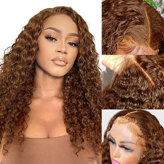 Light Brown Deep Wave Lace Front Wigs Human Hair Ginger Brown 13x4 HD Lace Frontal Curly Wigs for Women Colored Glueless Wigs Human Hair Pre Plucked with Baby Hair 180% Density 24 inch