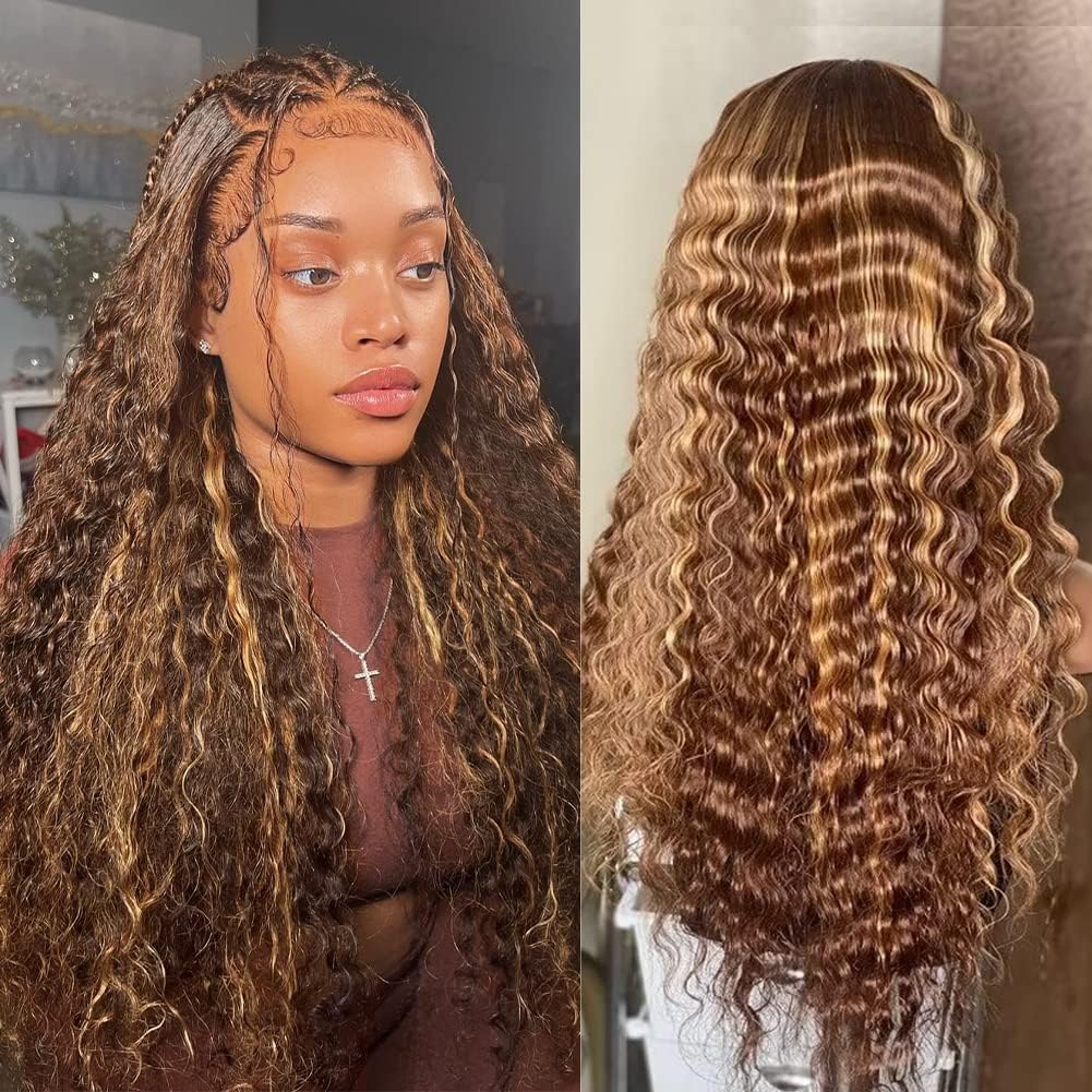 XZZ 20 Inch Ombre Highlight Lace Front Wigs Human Hair 4/27 Colored 150% Density Curly Honey Blonde Wig Colored Human Hair 13X4 HD Lace Frontal Wigs Pre Plucked Hairline with Baby Hair