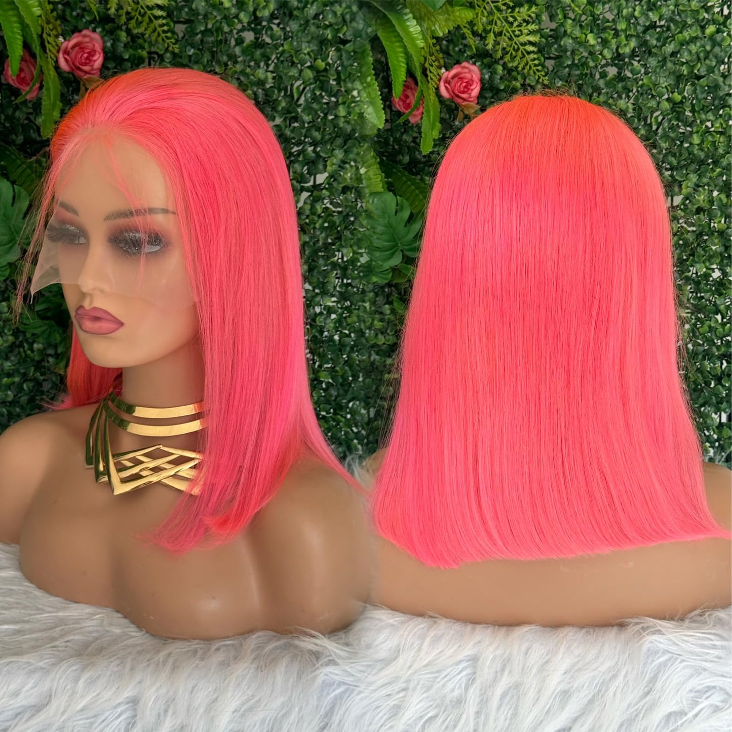 FJsuprise Pink Lace Front Bob Wigs Human Hair Pre Plucked 13x4 Straight Pink Bob Wigs Glueless HD Lace Frontal Bob Wigs for Black Women Wear and Go Bob Wigs with Baby Hair 180% Density 12 Inch
