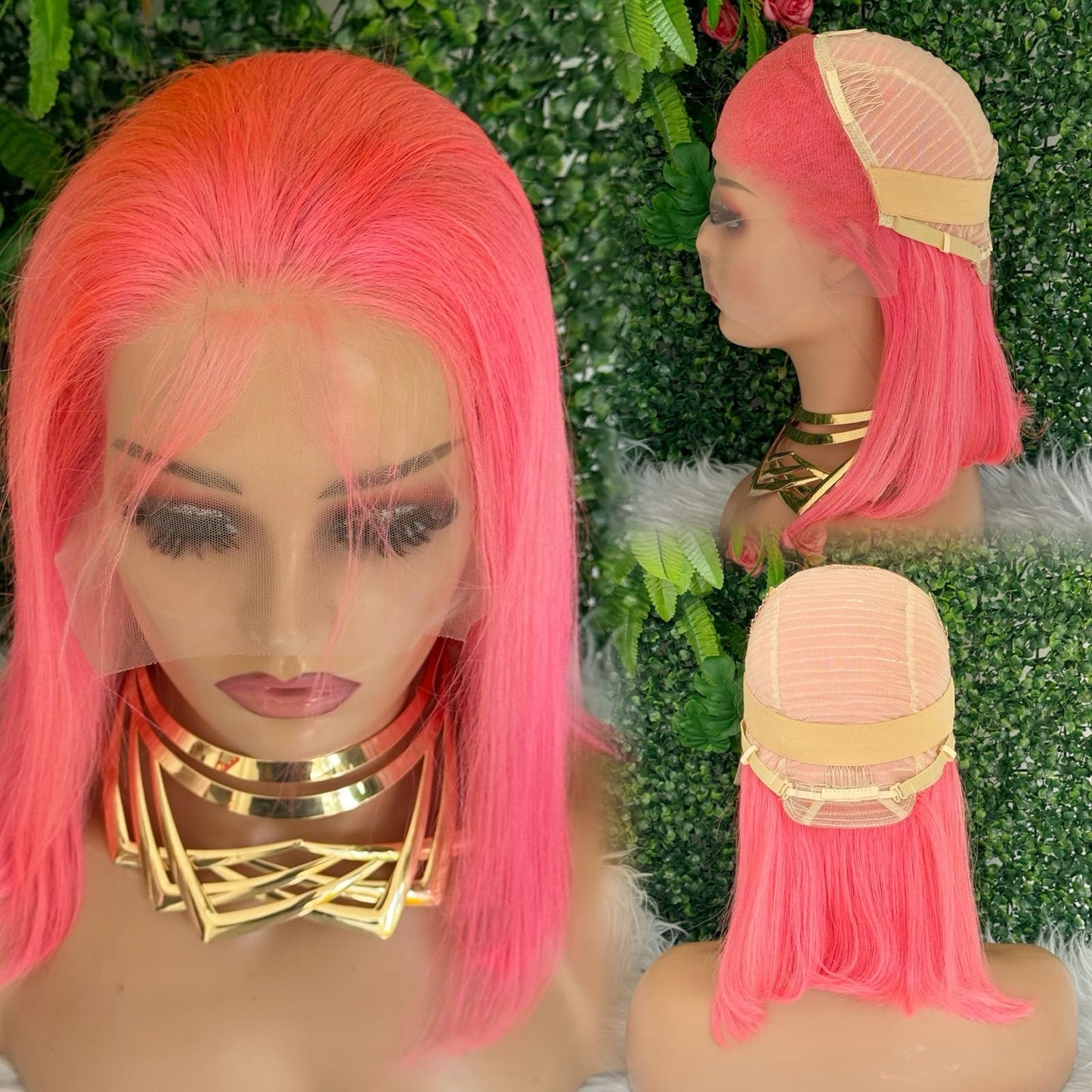 FJsuprise Pink Lace Front Bob Wigs Human Hair Pre Plucked 13x4 Straight Pink Bob Wigs Glueless HD Lace Frontal Bob Wigs for Black Women Wear and Go Bob Wigs with Baby Hair 180% Density 12 Inch