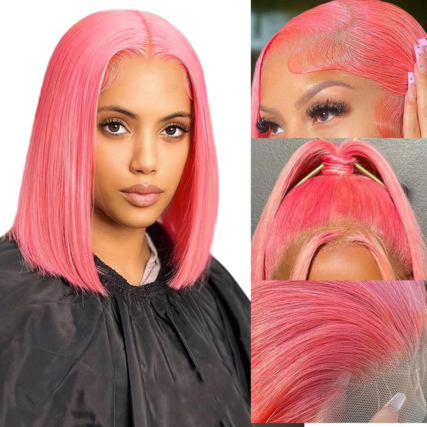 FJsuprise Pink Lace Front Bob Wigs Human Hair Pre Plucked 13x4 Straight Pink Bob Wigs Glueless HD Lace Frontal Bob Wigs for Black Women Wear and Go Bob Wigs with Baby Hair 180% Density 12 Inch
