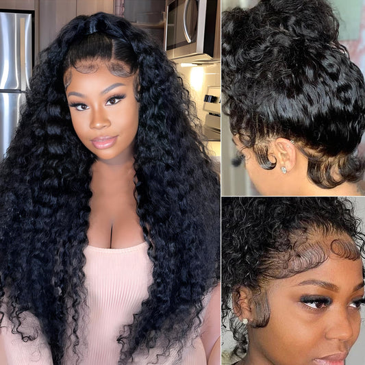 AGADES 360 Lace Front Wigs Human Hair 200% Density Deep Wave Lace Front Wigs Human Hair Pre Plucked Full Lace Human Hair Wigs Bleached Knots HD Deep Curly Lace Front Wig Human Hair For Women 26 Inch