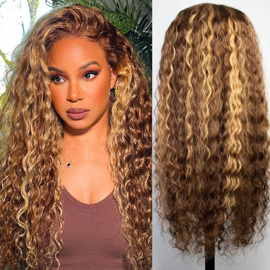 Chesma 28inch Highlight Ombre Lace Front Wig Human Hair 13x4 HD Honey Blonde 4/27 Deep Wave Lace Frontal Wigs Glueless Wigs Human Hair Pre Plucked with Baby Hair 180% Density